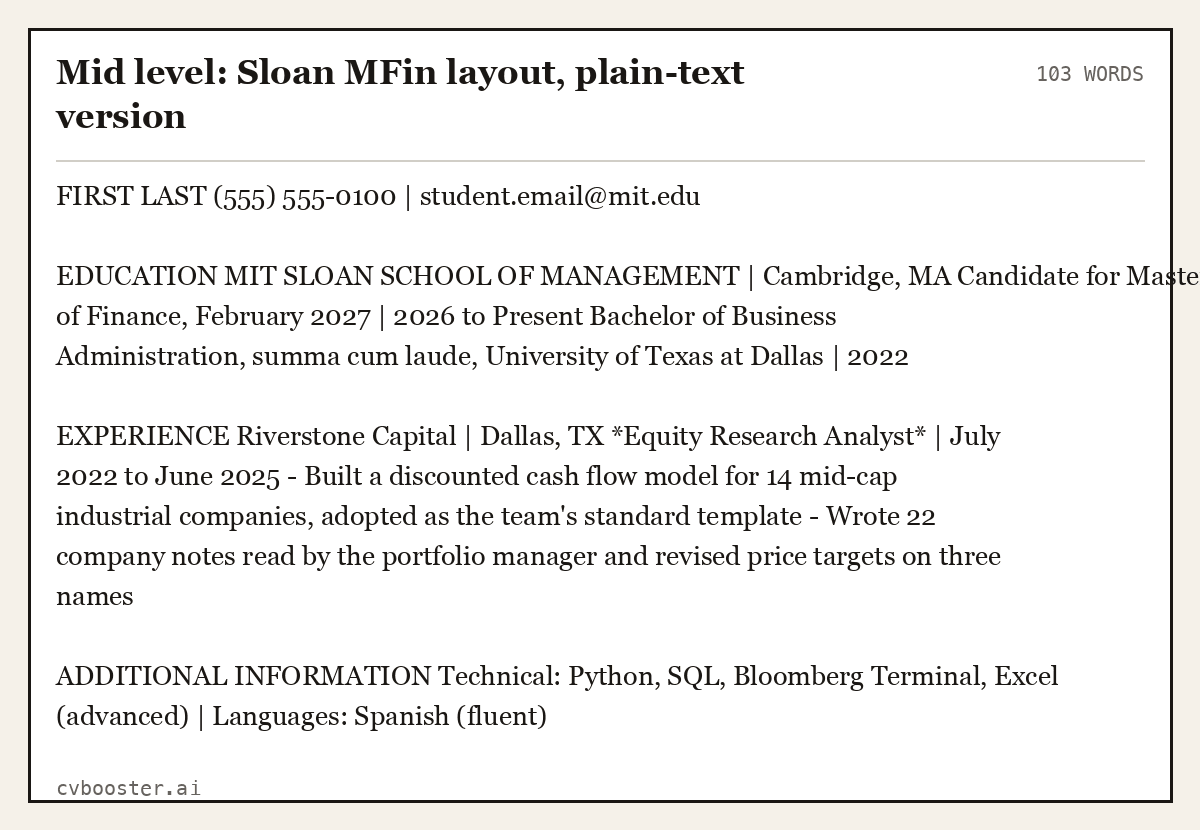 Mid level: Sloan MFin layout, plain-text version, complete example, 103 words