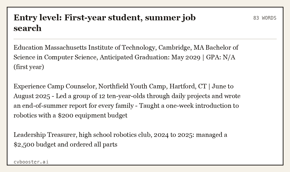 Entry level: First-year student, summer job search, complete example, 83 words