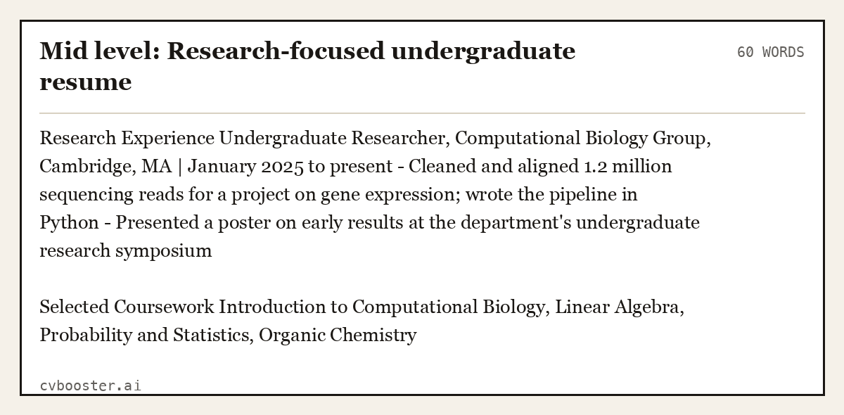 Complete Mid level: Research-focused undergraduate resume example, 60 words, laid out as it would sit in the application form