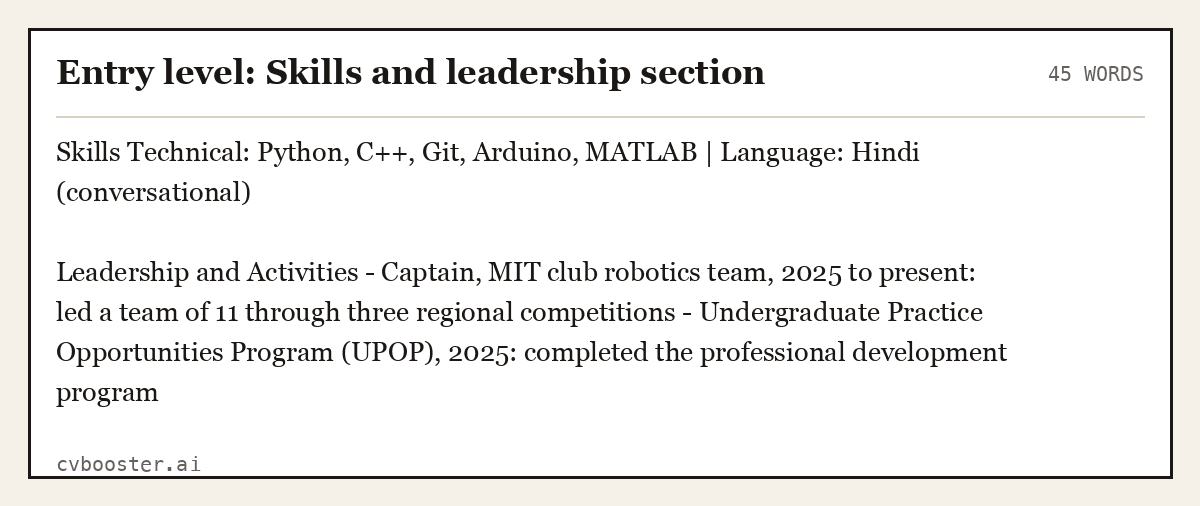 Complete Entry level: Skills and leadership section example, 45 words, laid out as it would sit in the application form