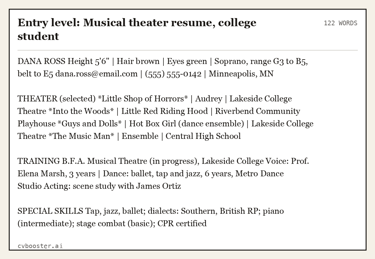 Entry level: Musical theater resume, college student, complete example, 122 words