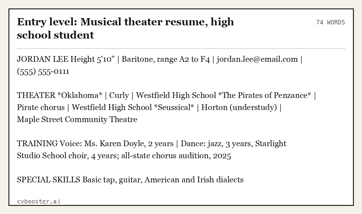 Entry level: Musical theater resume, high school student, complete example, 74 words
