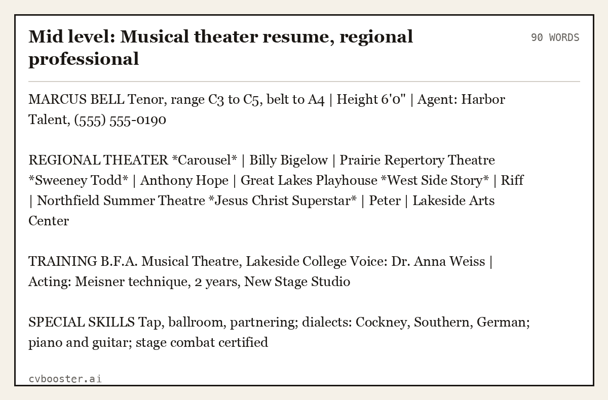 Mid level: Musical theater resume, regional professional, complete example, 90 words