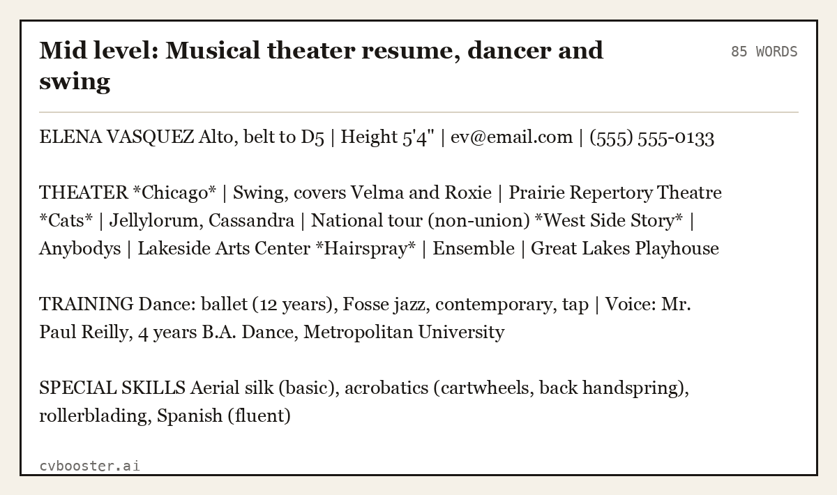 Mid level: Musical theater resume, dancer and swing, complete example, 85 words