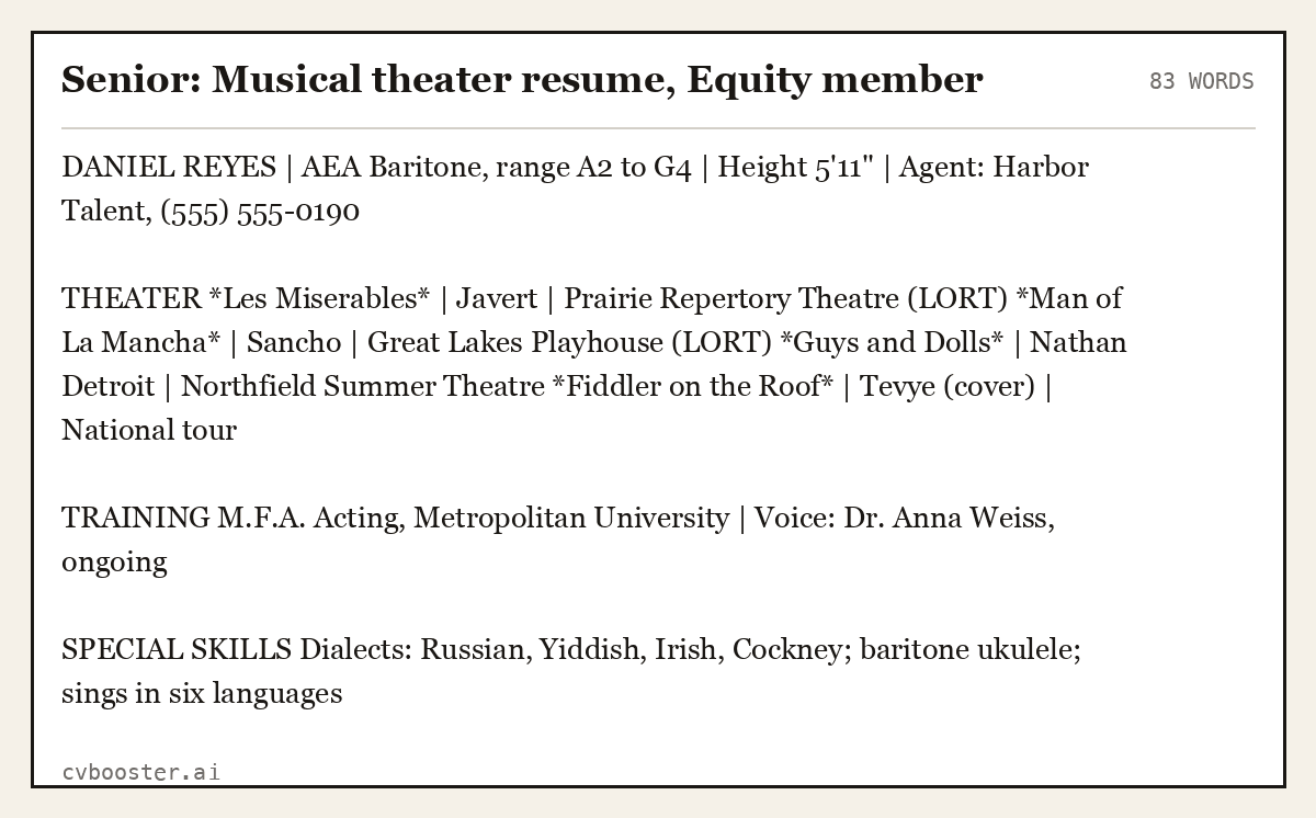 Complete Senior: Musical theater resume, Equity member example, 83 words, laid out as it would sit in the application form