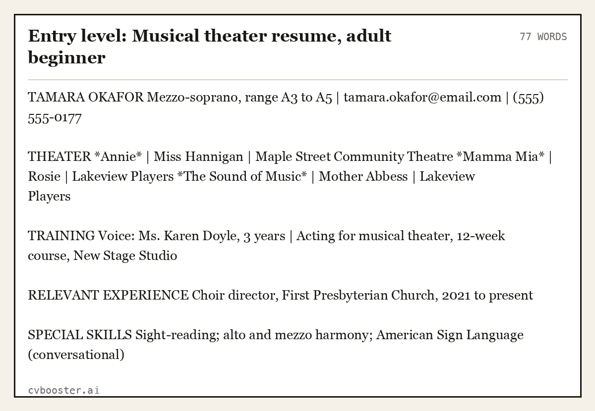 Entry level: Musical theater resume, adult beginner, complete example, 77 words