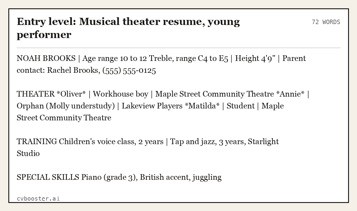 Entry level: Musical theater resume, young performer, complete example, 72 words