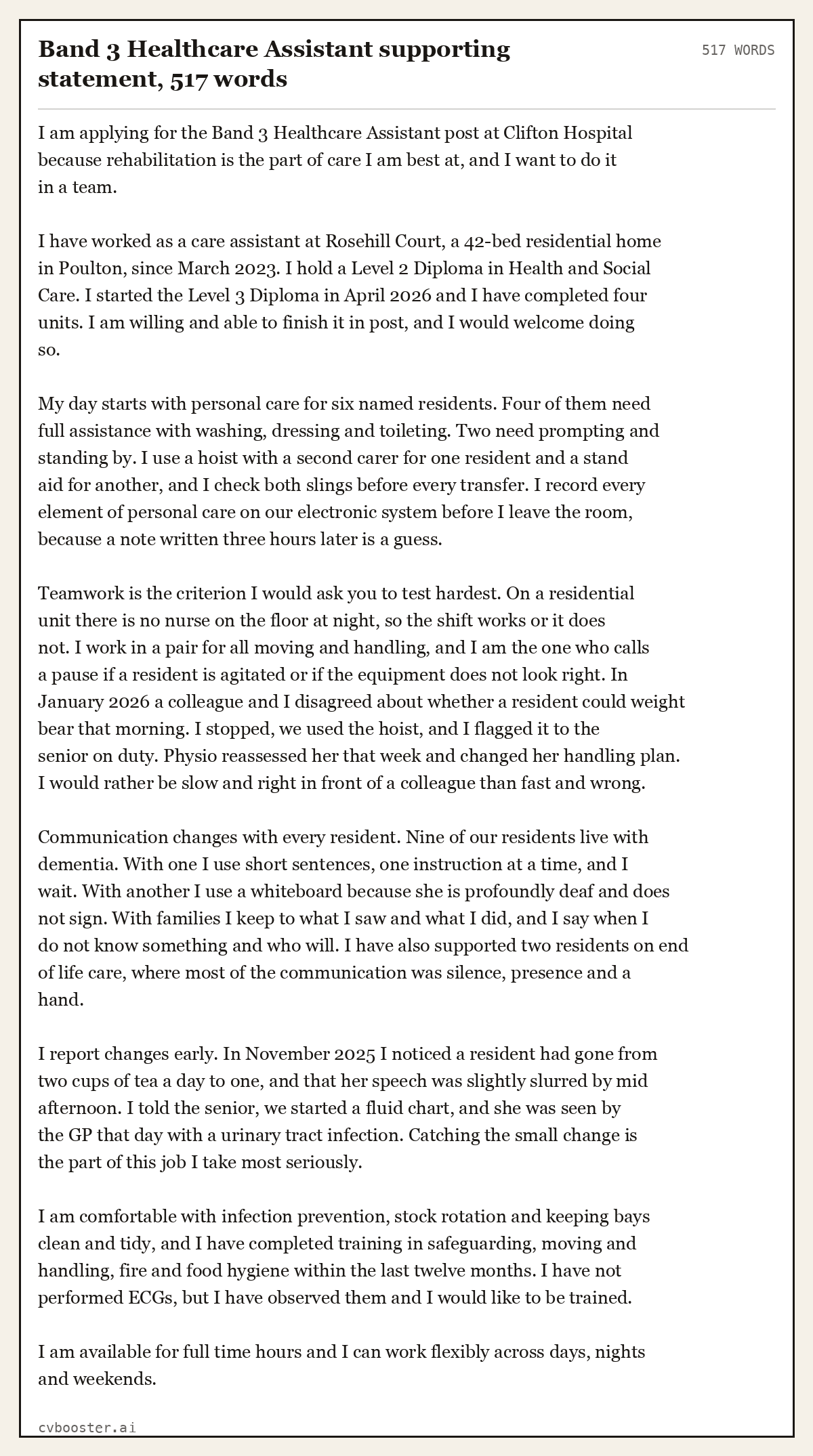 Complete Band 3 Healthcare Assistant supporting statement example, 517 words, laid out as it would sit in the application form