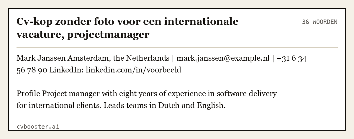 Uitgewerkt voorbeeld: Cv-kop zonder foto voor een internationale vacature, projectmanager, 36 woorden