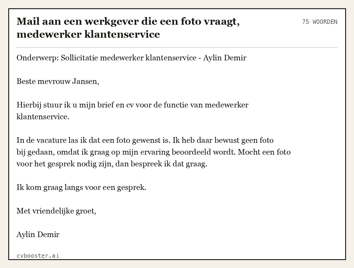 Uitgewerkt voorbeeld: Mail aan een werkgever die een foto vraagt, medewerker klantenservice, 75 woorden