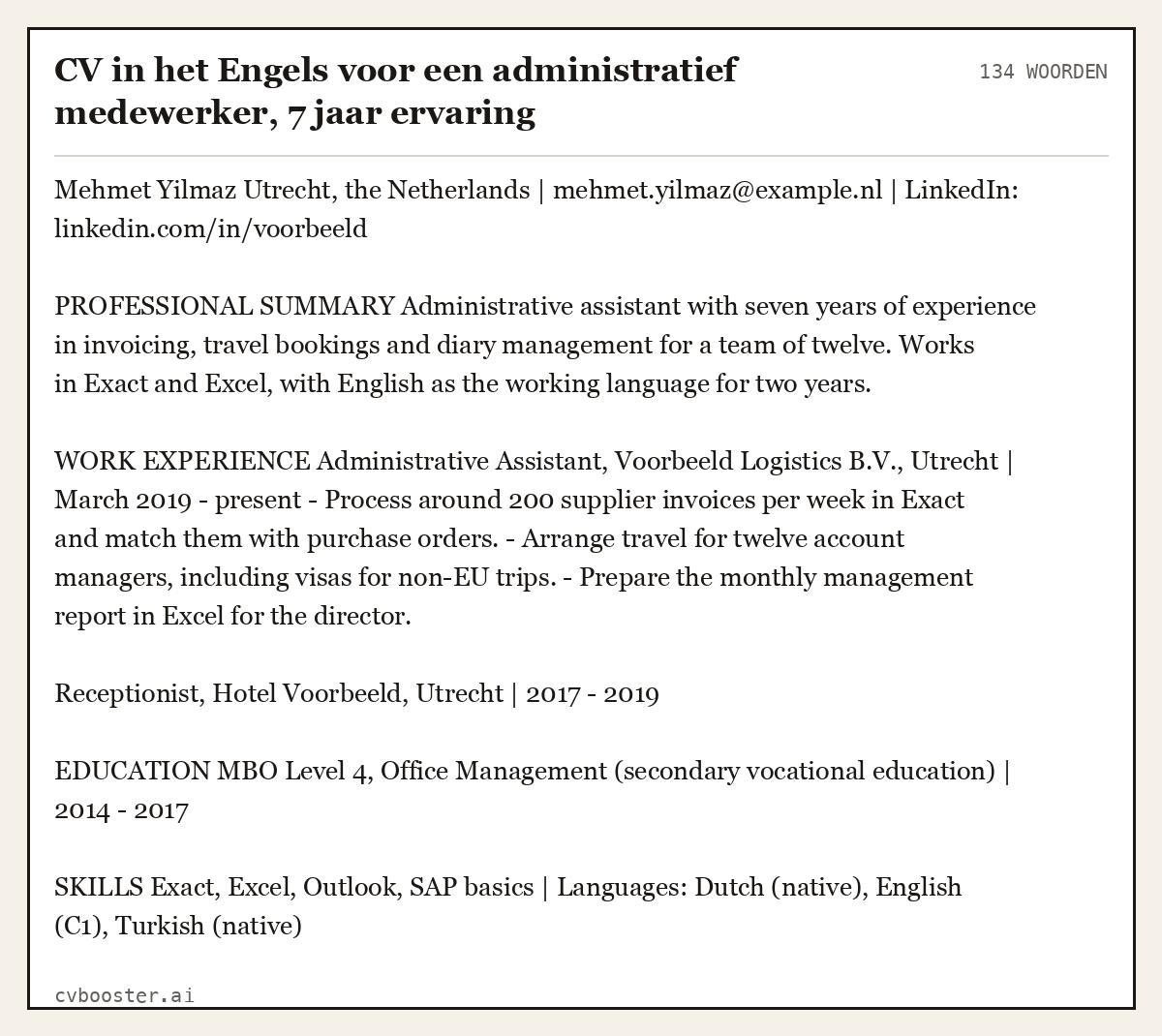 Uitgewerkt voorbeeld: CV in het Engels voor een administratief medewerker, 7 jaar ervaring, 134 woorden