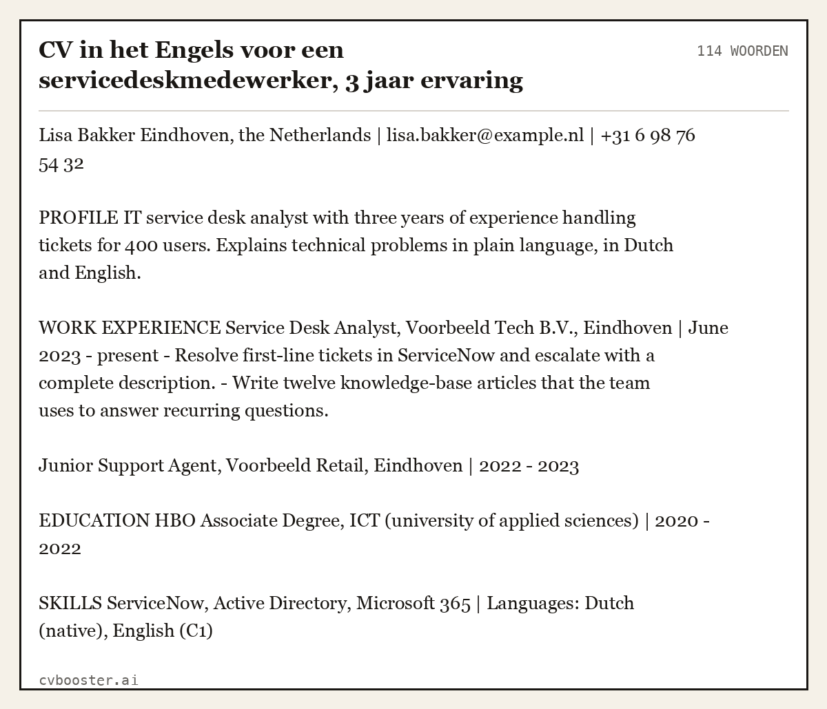 Uitgewerkt voorbeeld: CV in het Engels voor een servicedeskmedewerker, 3 jaar ervaring, 114 woorden