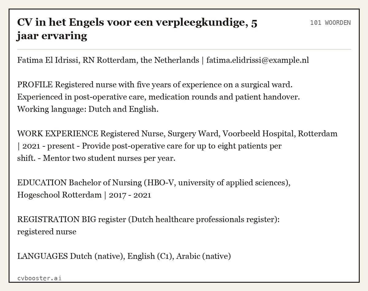 Uitgewerkt voorbeeld: CV in het Engels voor een verpleegkundige, 5 jaar ervaring, 101 woorden