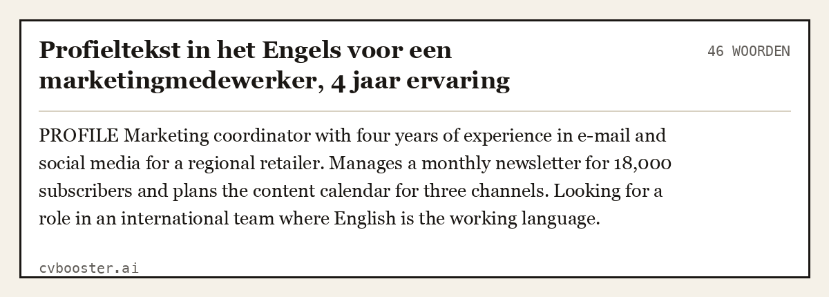 Uitgewerkt voorbeeld: Profieltekst in het Engels voor een marketingmedewerker, 4 jaar ervaring, 46 woorden