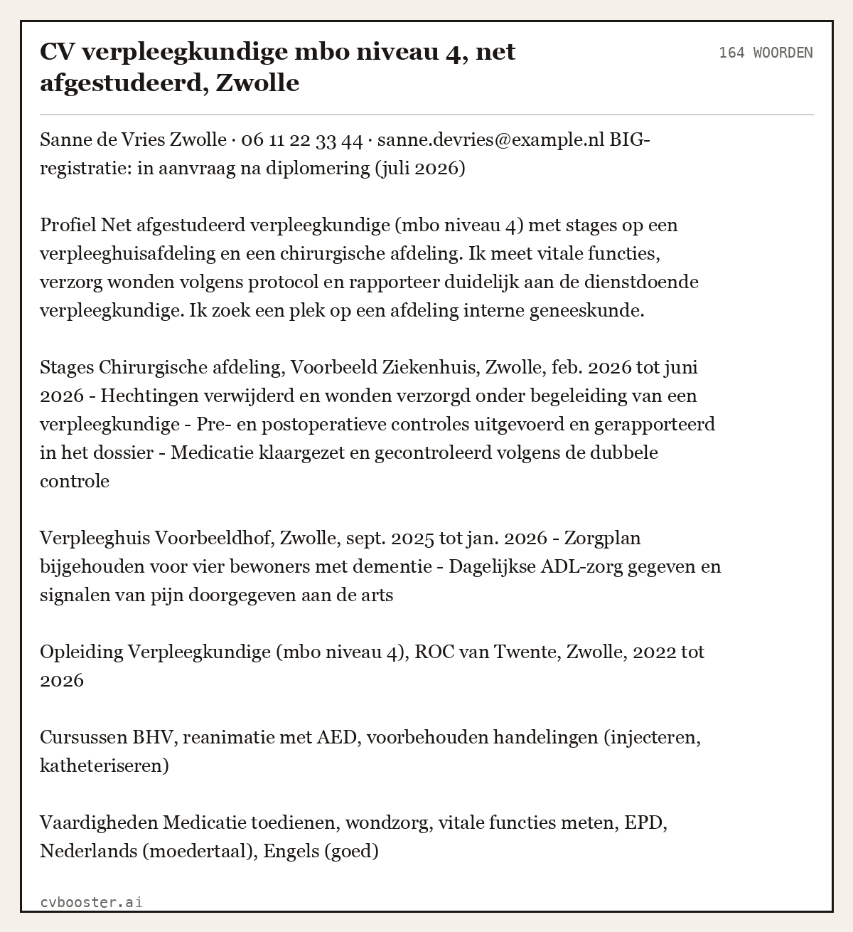 Uitgewerkt voorbeeld: CV verpleegkundige mbo niveau 4, net afgestudeerd, Zwolle, 164 woorden