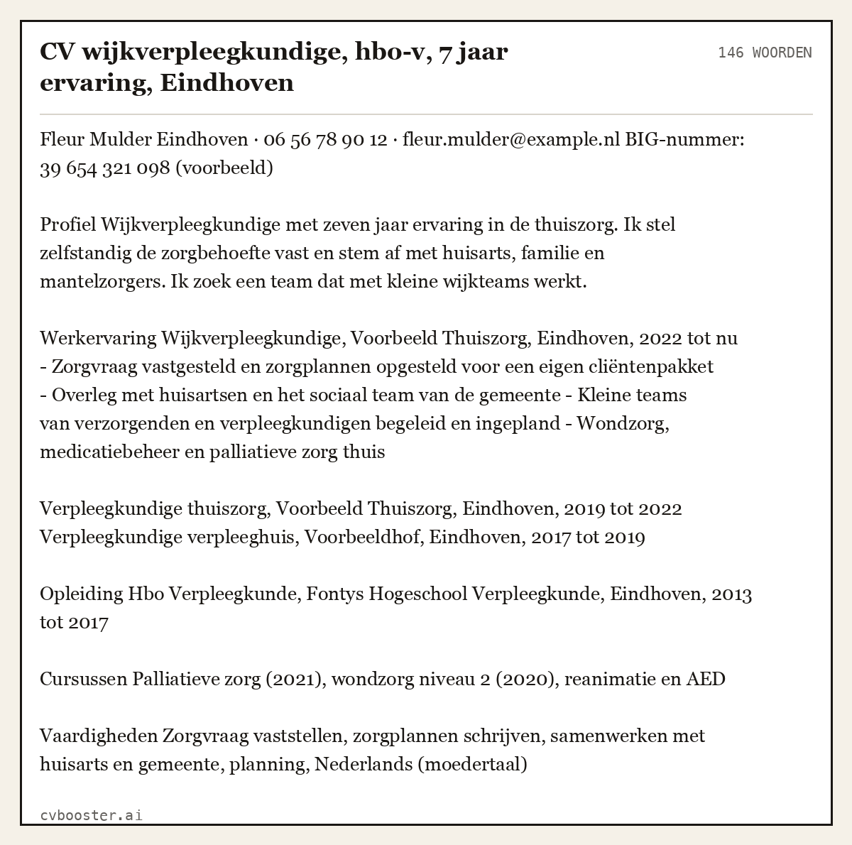 Uitgewerkt voorbeeld: CV wijkverpleegkundige, hbo-v, 7 jaar ervaring, Eindhoven, 146 woorden