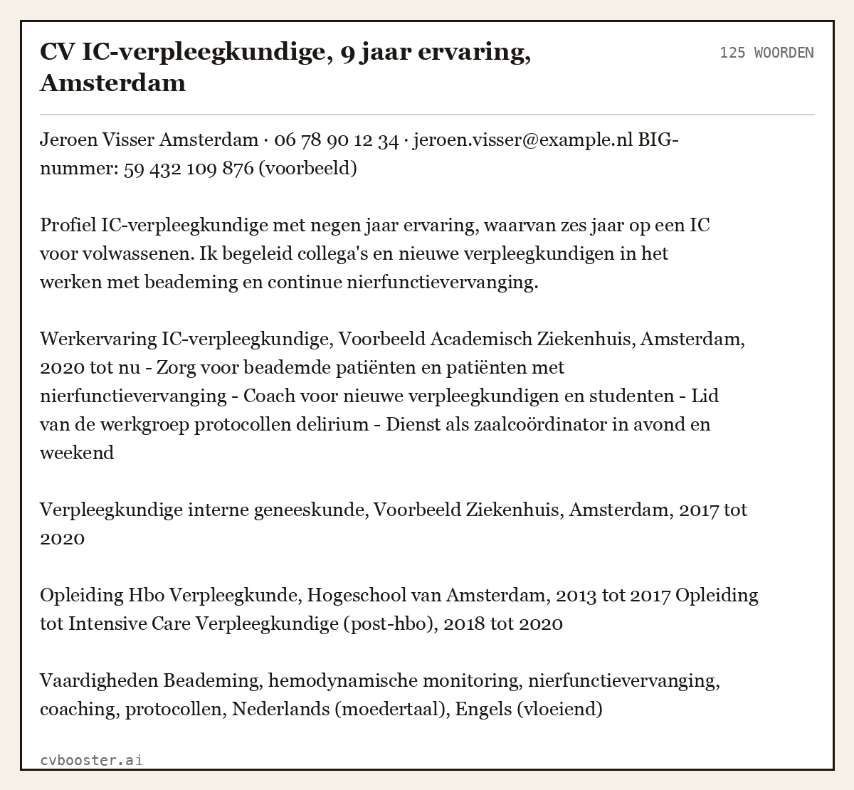 Uitgewerkt voorbeeld: CV IC-verpleegkundige, 9 jaar ervaring, Amsterdam, 125 woorden