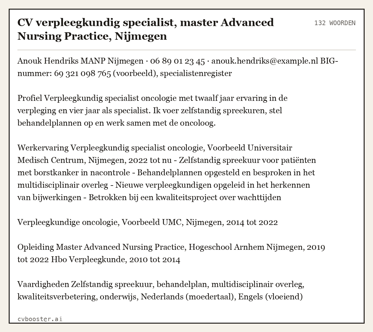 Uitgewerkt voorbeeld: CV verpleegkundig specialist, master Advanced Nursing Practice, Nijmegen, 132 woorden
