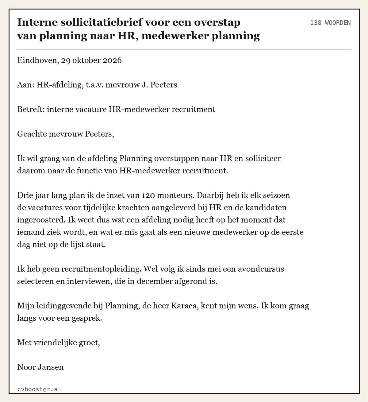 Uitgewerkt voorbeeld: Interne sollicitatiebrief voor een overstap van planning naar HR, medewerker planning, 138 woorden