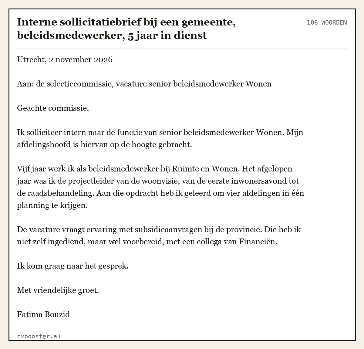 Uitgewerkt voorbeeld: Interne sollicitatiebrief bij een gemeente, beleidsmedewerker, 5 jaar in dienst, 106 woorden