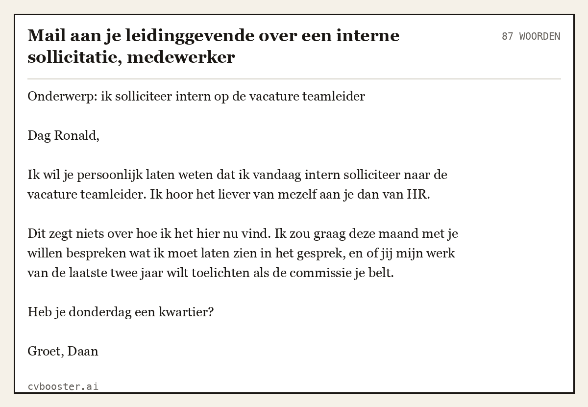 Uitgewerkt voorbeeld: Mail aan je leidinggevende over een interne sollicitatie, medewerker, 87 woorden