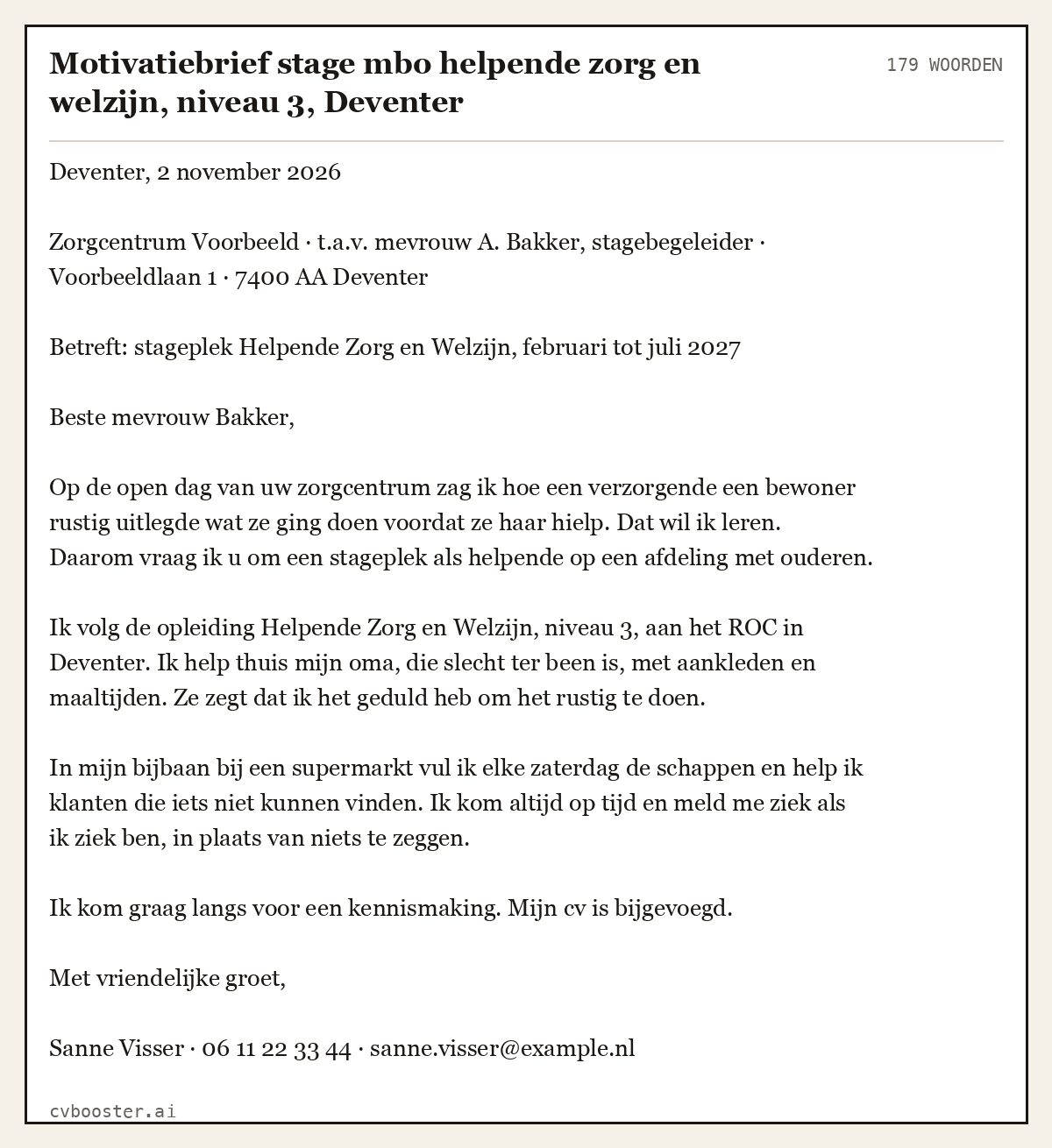 Uitgewerkt voorbeeld: Motivatiebrief stage mbo helpende zorg en welzijn, niveau 3, Deventer, 179 woorden