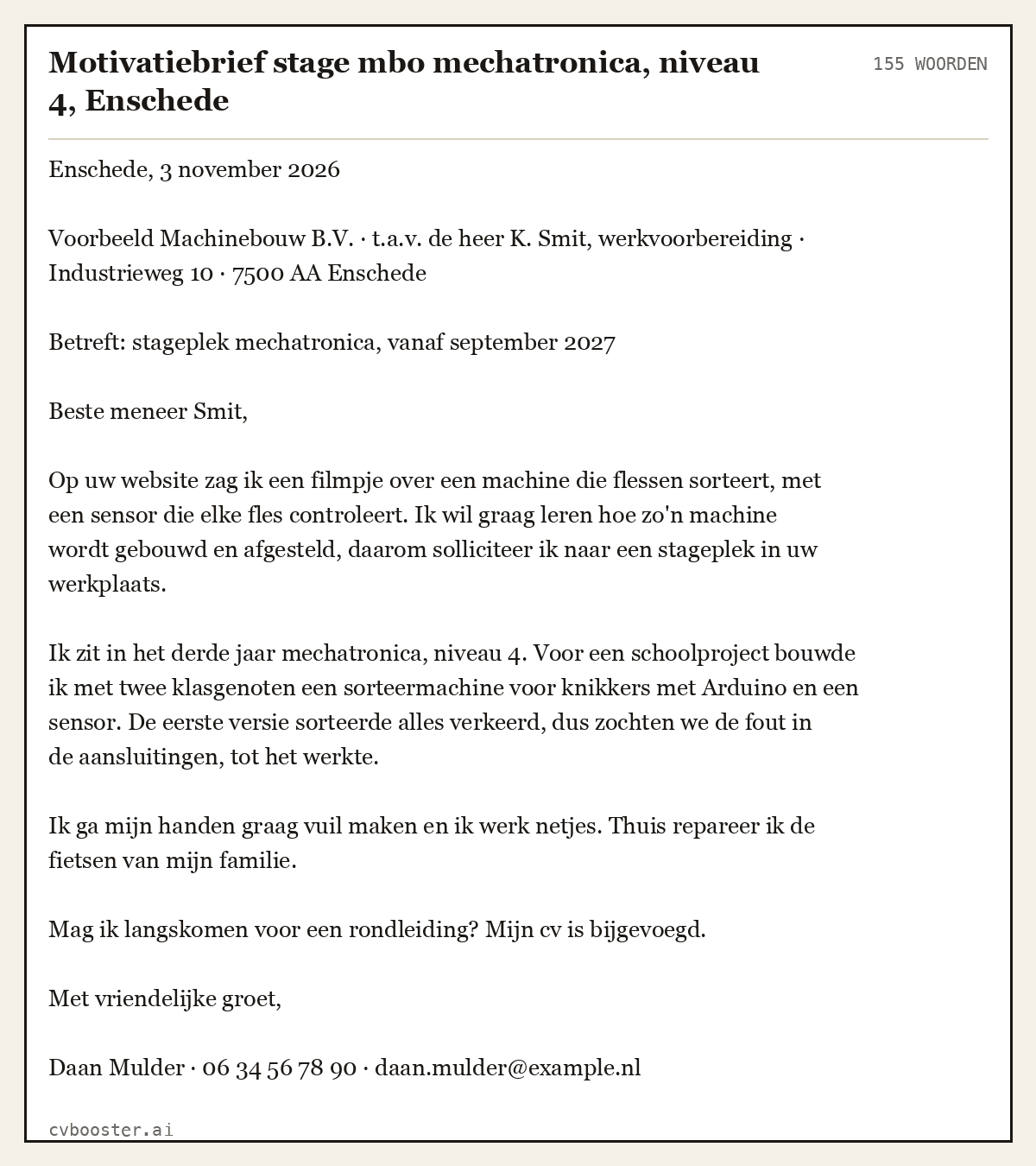 Uitgewerkt voorbeeld: Motivatiebrief stage mbo mechatronica, niveau 4, Enschede, 155 woorden