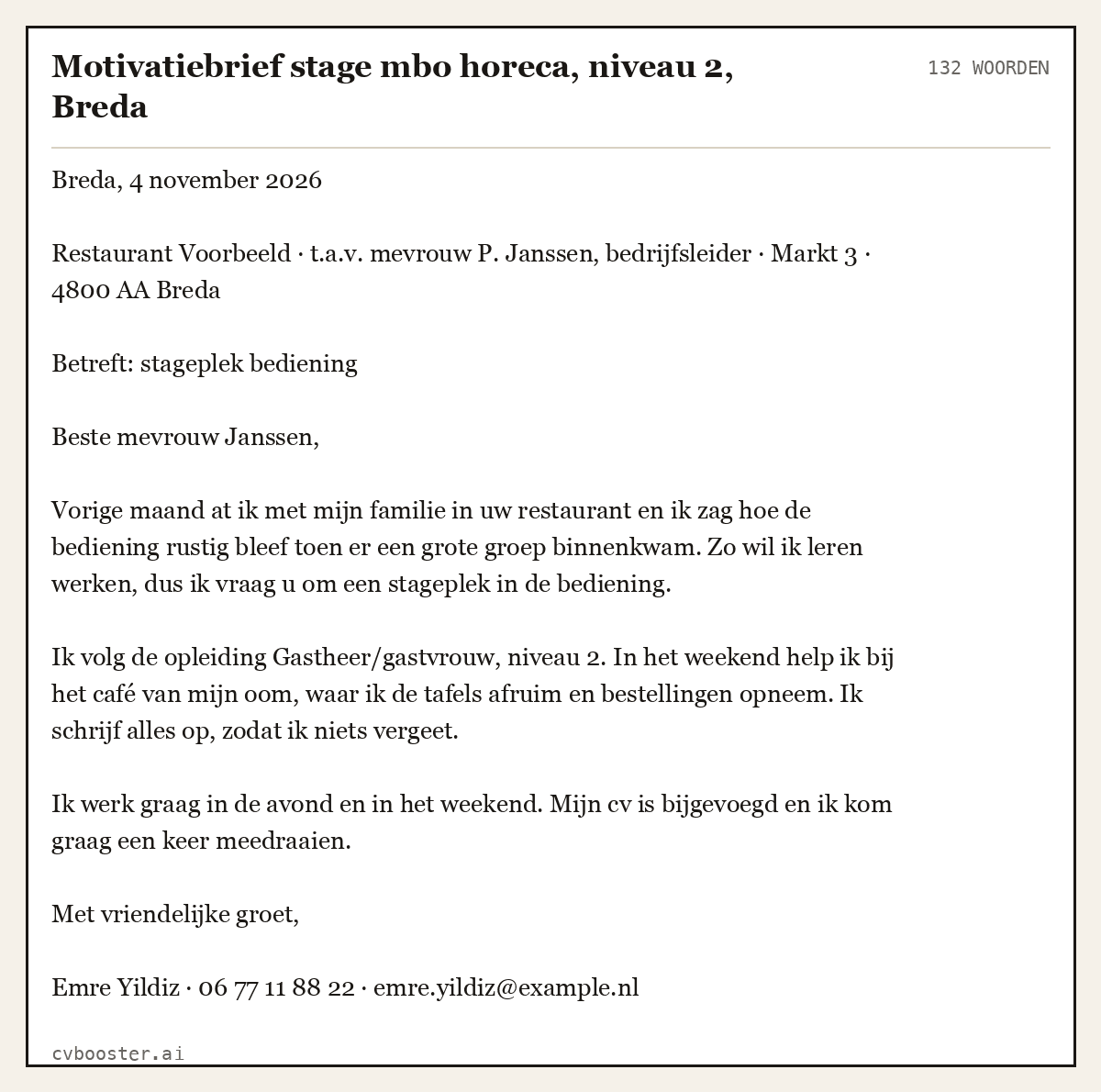 Uitgewerkt voorbeeld: Motivatiebrief stage mbo horeca, niveau 2, Breda, 132 woorden