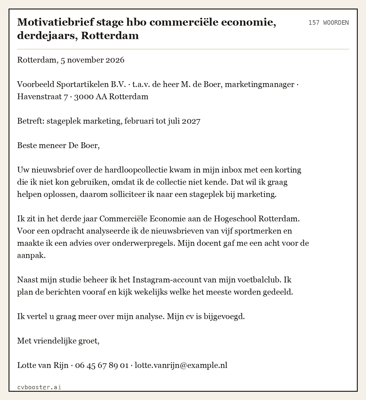 Uitgewerkt voorbeeld: Motivatiebrief stage hbo commerciële economie, derdejaars, Rotterdam, 157 woorden