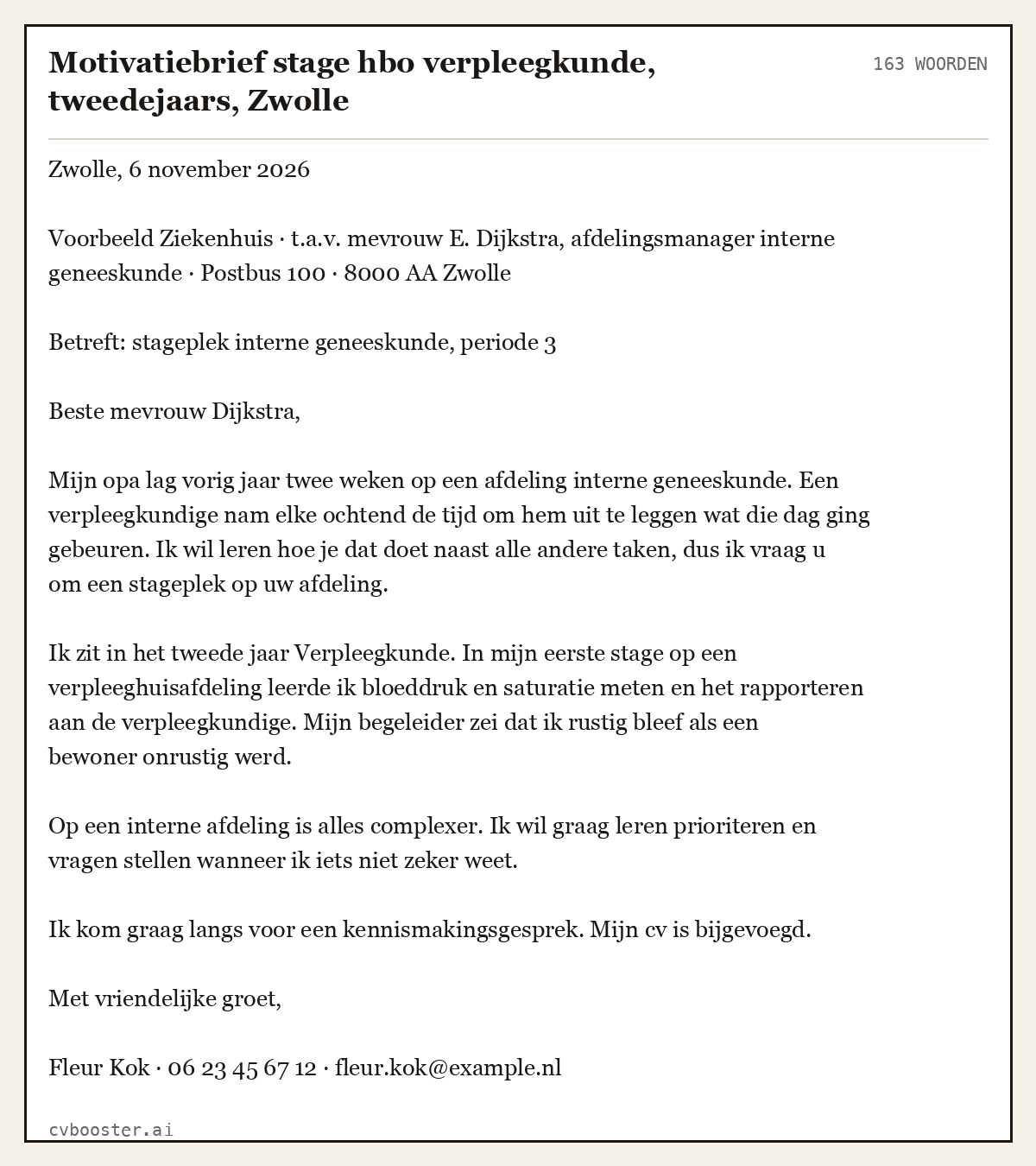 Uitgewerkt voorbeeld: Motivatiebrief stage hbo verpleegkunde, tweedejaars, Zwolle, 163 woorden