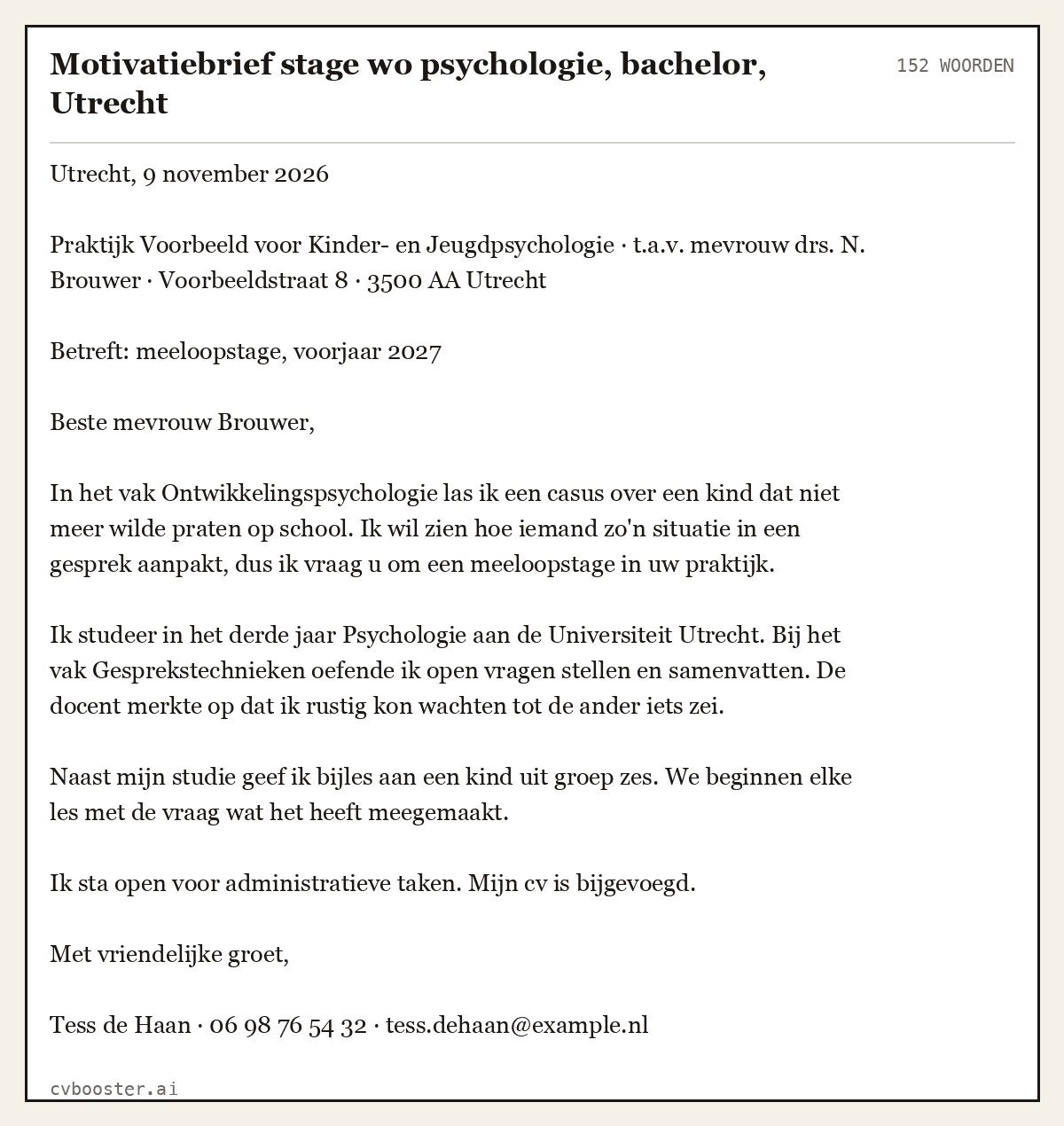 Uitgewerkt voorbeeld: Motivatiebrief stage wo psychologie, bachelor, Utrecht, 152 woorden