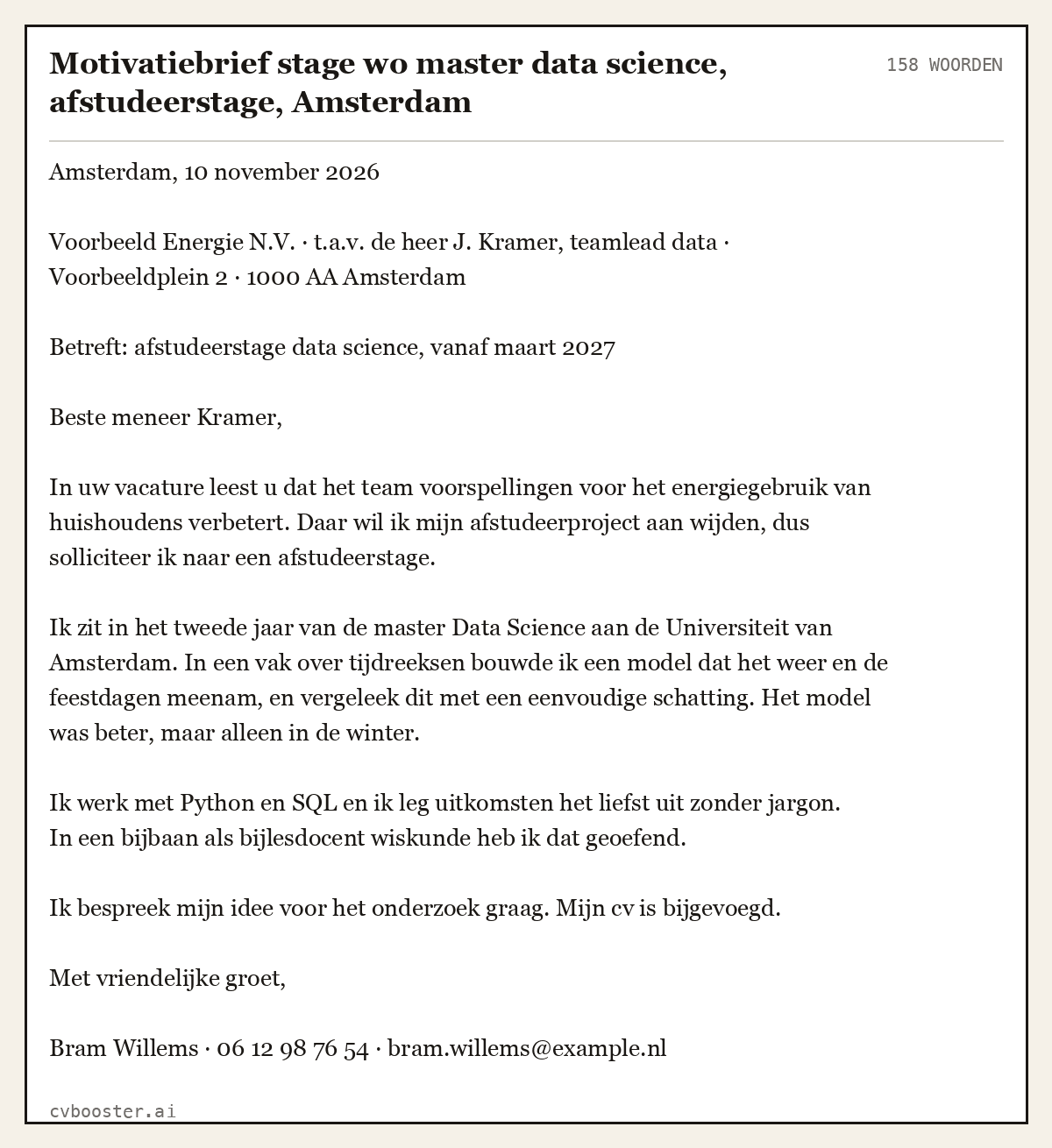 Uitgewerkt voorbeeld: Motivatiebrief stage wo master data science, afstudeerstage, Amsterdam, 158 woorden