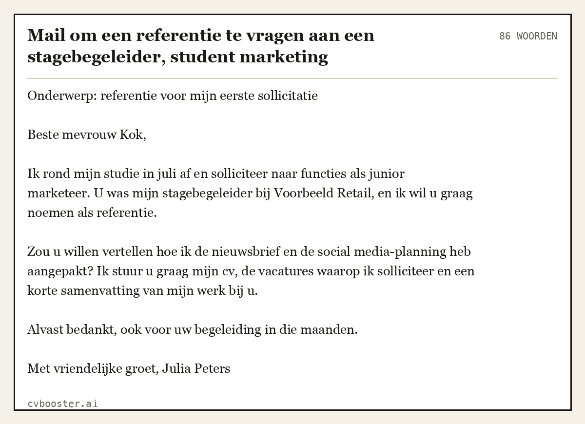 Uitgewerkt voorbeeld: Mail om een referentie te vragen aan een stagebegeleider, student marketing, 86 woorden