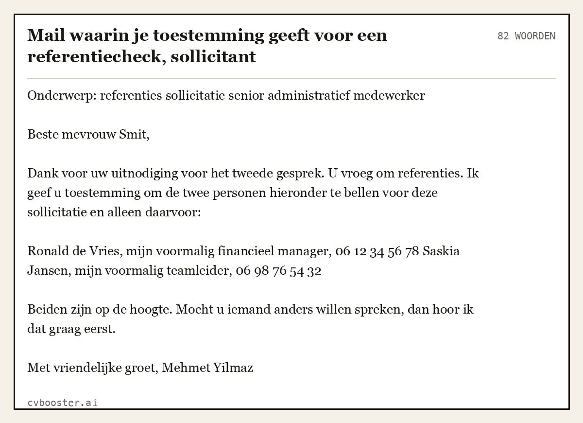 Uitgewerkt voorbeeld: Mail waarin je toestemming geeft voor een referentiecheck, sollicitant, 82 woorden
