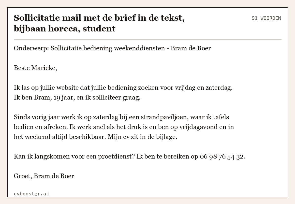 Uitgewerkt voorbeeld: Sollicitatie mail met de brief in de tekst, bijbaan horeca, student, 91 woorden