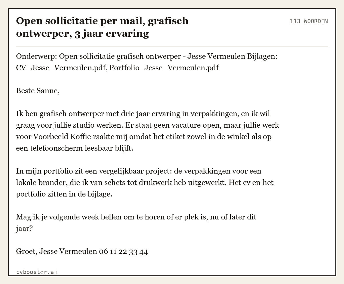 Uitgewerkt voorbeeld: Open sollicitatie per mail, grafisch ontwerper, 3 jaar ervaring, 113 woorden