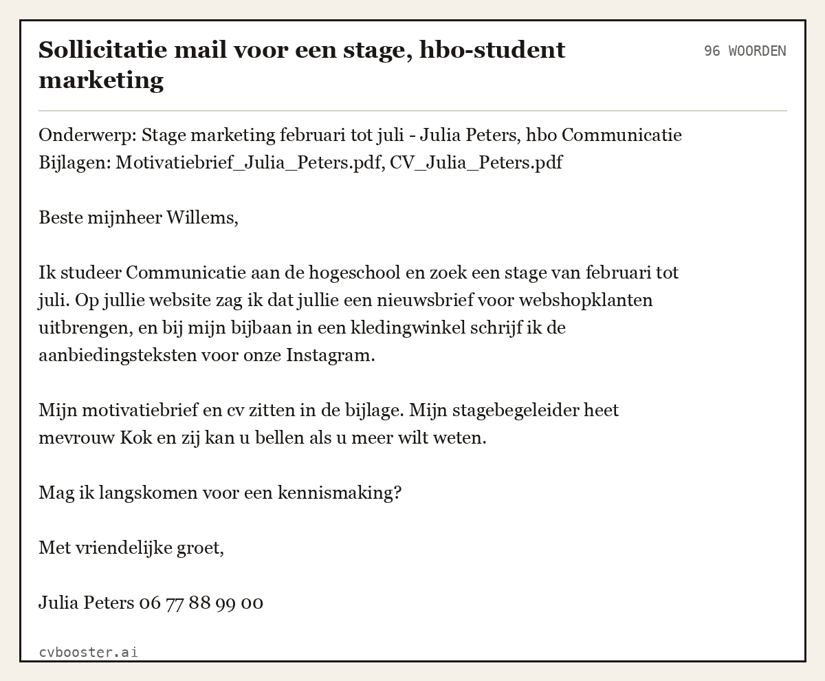 Uitgewerkt voorbeeld: Sollicitatie mail voor een stage, hbo-student marketing, 96 woorden