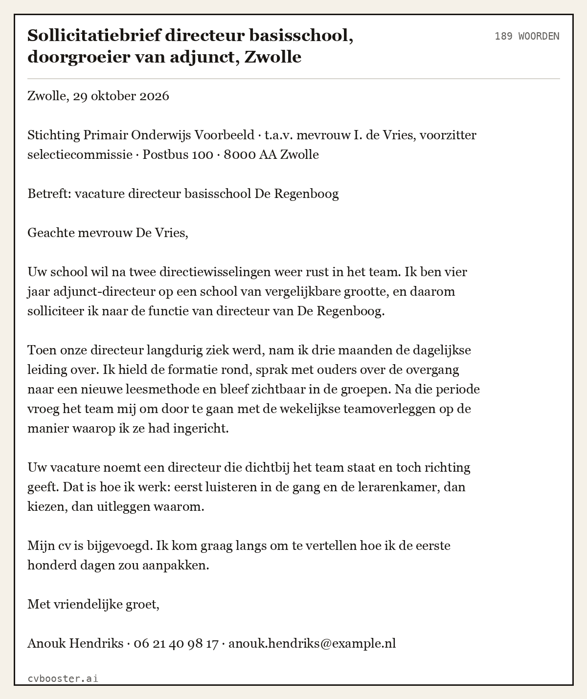 Uitgewerkt voorbeeld: Sollicitatiebrief directeur basisschool, doorgroeier van adjunct, Zwolle, 189 woorden