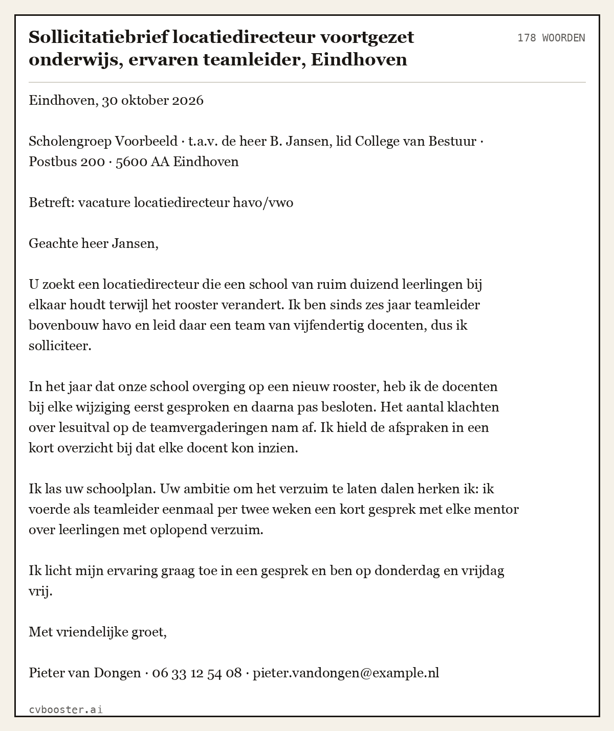 Uitgewerkt voorbeeld: Sollicitatiebrief locatiedirecteur voortgezet onderwijs, ervaren teamleider, Eindhoven, 178 woorden