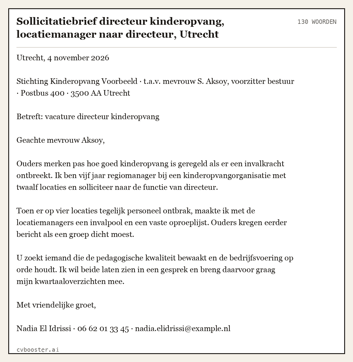 Uitgewerkt voorbeeld: Sollicitatiebrief directeur kinderopvang, locatiemanager naar directeur, Utrecht, 130 woorden