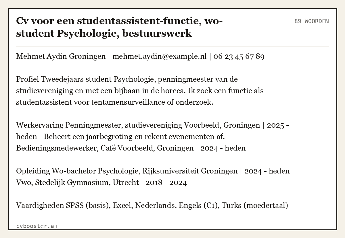 Uitgewerkt voorbeeld: Cv voor een studentassistent-functie, wo-student Psychologie, bestuurswerk, 89 woorden