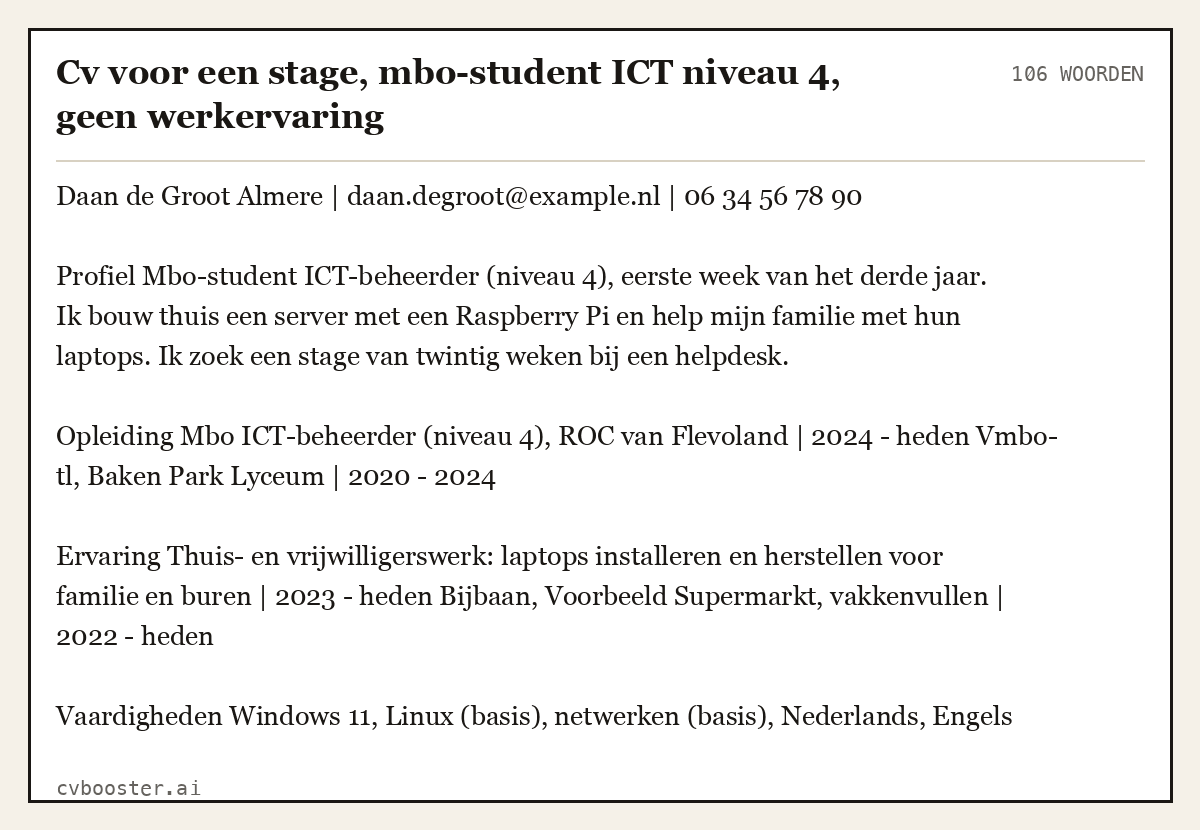 Uitgewerkt voorbeeld: Cv voor een stage, mbo-student ICT niveau 4, geen werkervaring, 106 woorden