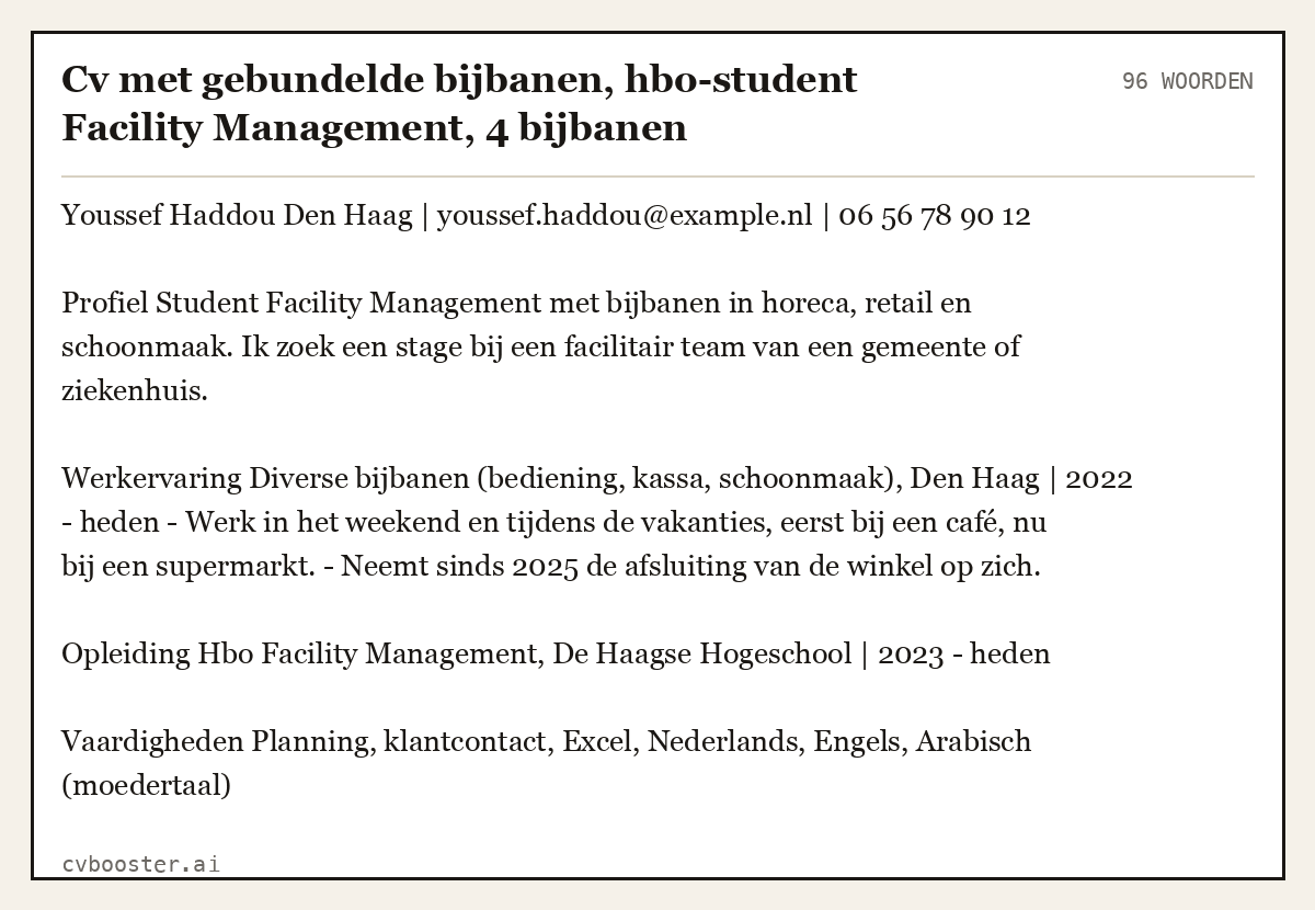 Uitgewerkt voorbeeld: Cv met gebundelde bijbanen, hbo-student Facility Management, 4 bijbanen, 96 woorden