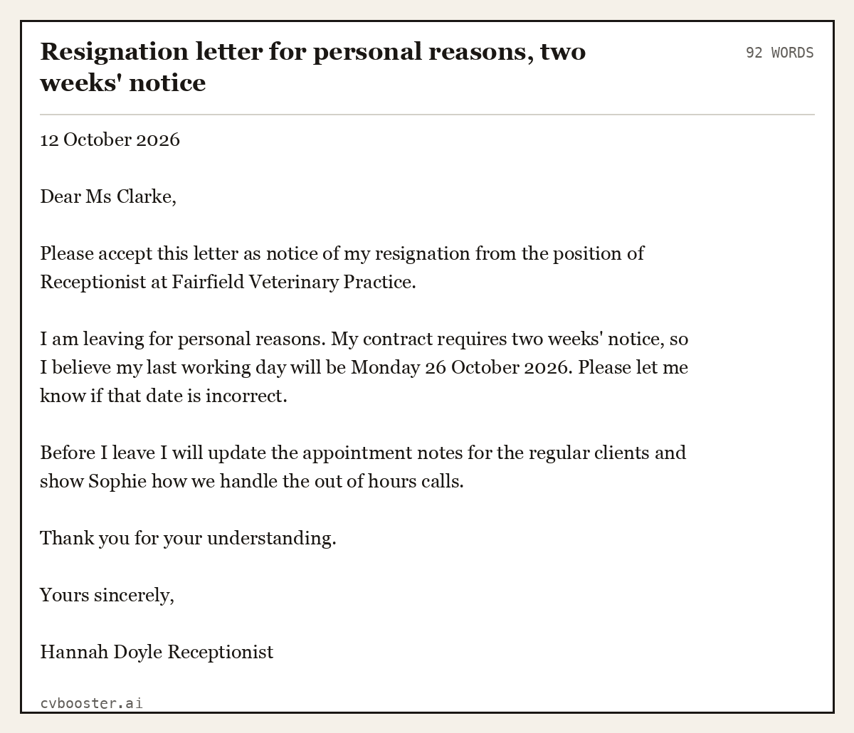Complete Resignation letter for personal reasons, two weeks' notice example, 92 words, laid out as it would sit in the application form