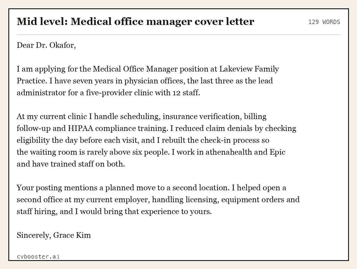 Complete Mid level: Medical office manager cover letter example, 129 words, laid out as it would sit in the application form