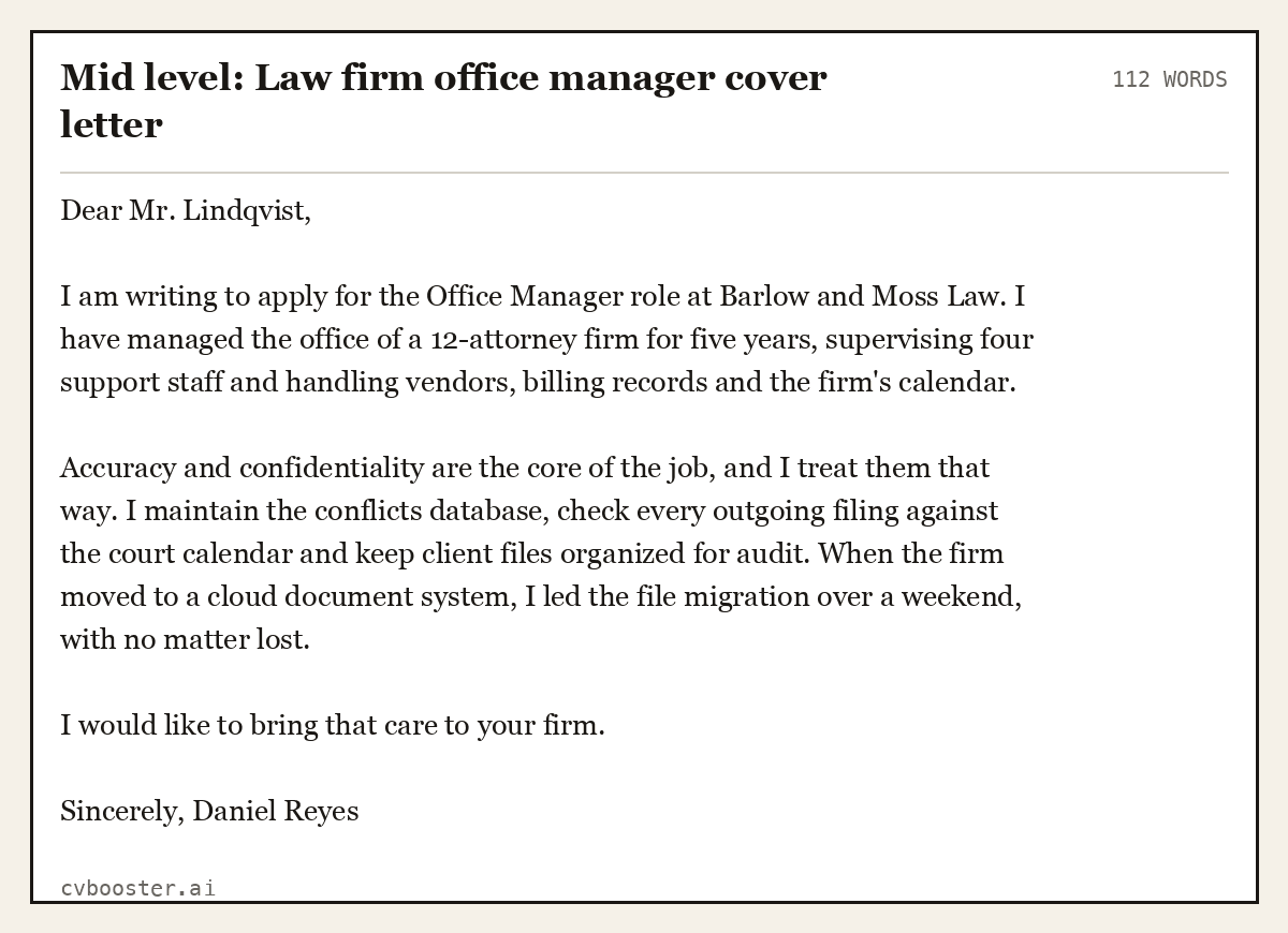 Complete Mid level: Law firm office manager cover letter example, 112 words, laid out as it would sit in the application form