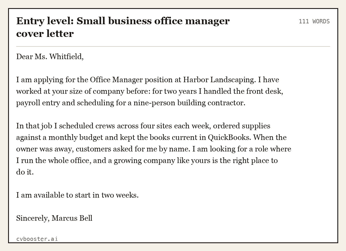 Entry level: Small business office manager cover letter, complete example, 111 words