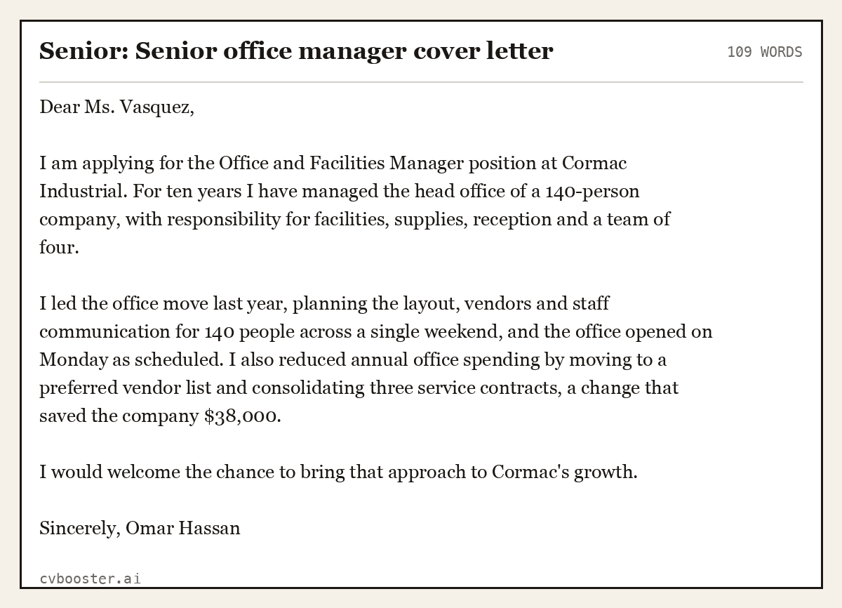Complete Senior: Senior office manager cover letter example, 109 words, laid out as it would sit in the application form