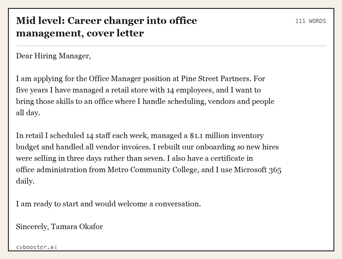 Mid level: Career changer into office management, cover letter, complete example, 111 words
