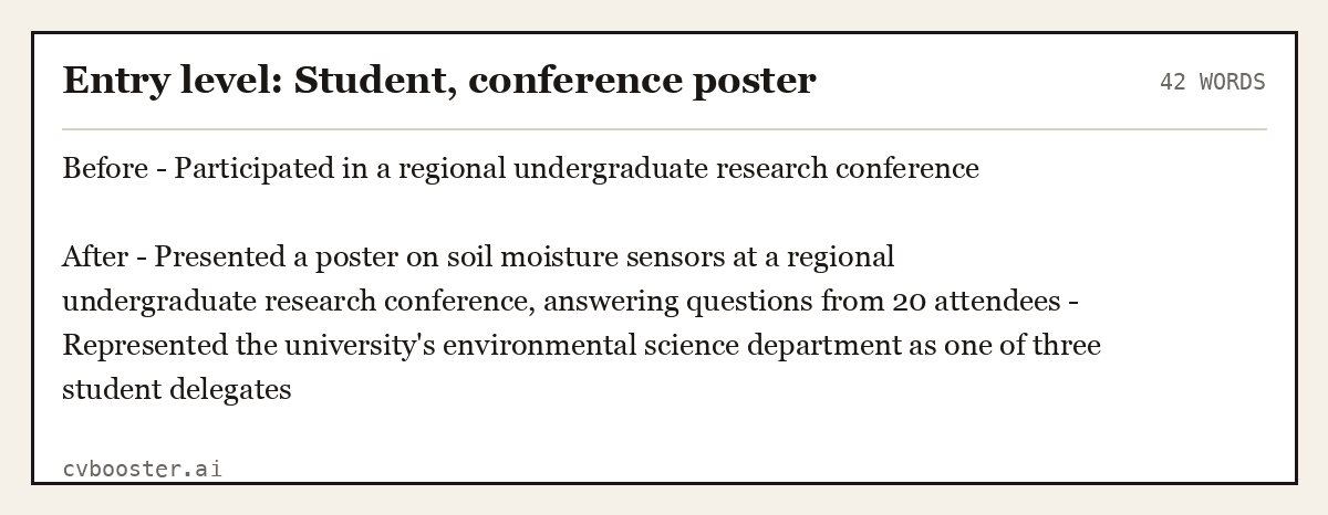 Complete Entry level: Student, conference poster example, 42 words, laid out as it would sit in the application form